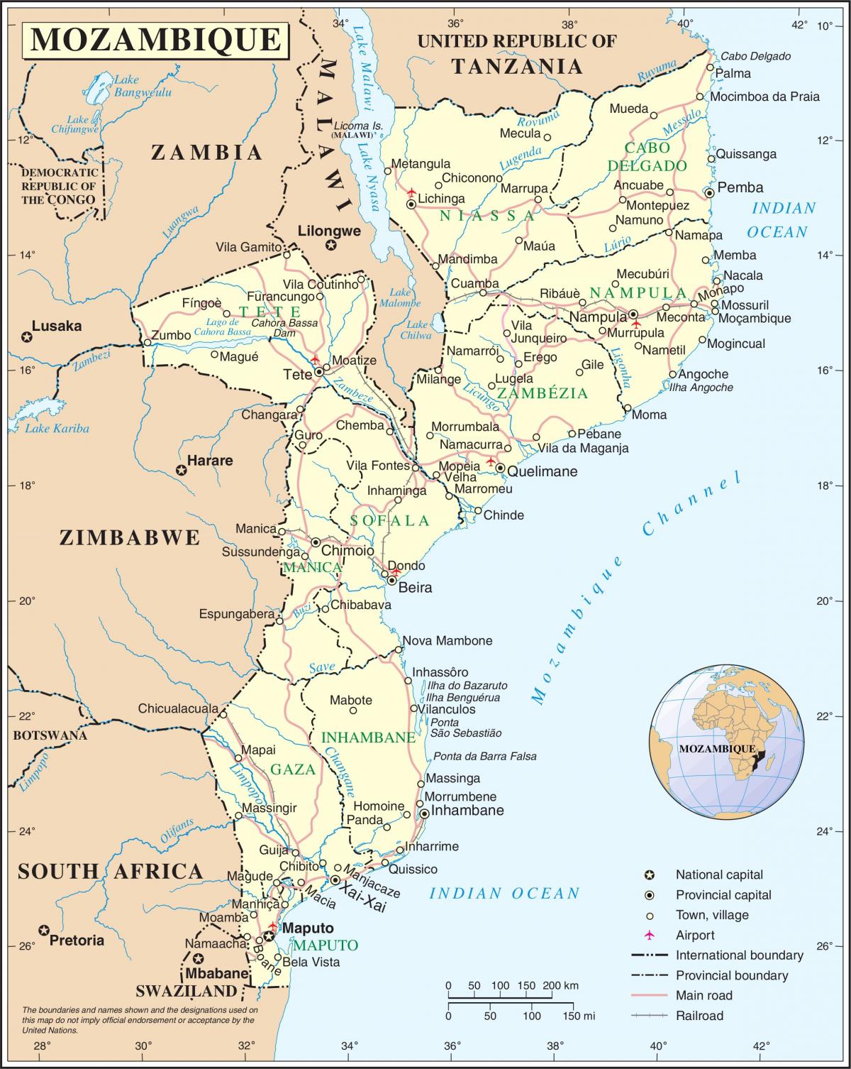 aeroports a Moçambic en un mapa