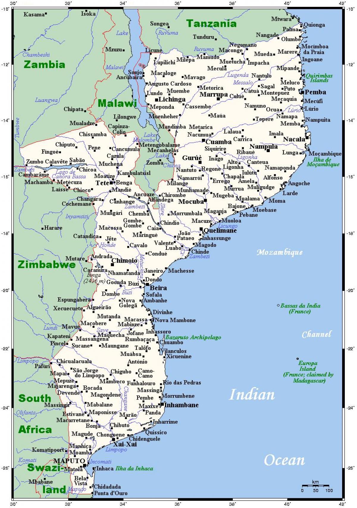 mapa de Moçambic ciutats